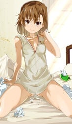 10s 1girls after_sex bottomless breasts brown_eyes brown_hair cleavage cum cum_in_pussy cumdrip erect_nipples female female_only gekota gym_uniform hair_ornament hairclip highres human kneehighs loose_socks misaka_mikoto on_bed school_uniform schoolgirl short_hair sitting socks solo teenage_girl teenager tissue to_aru_kagaku_no_railgun to_aru_majutsu_no_index tokiwadai_school_uniform toru_k used_tissue wariza white_socks young