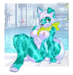 2015 anthro barefoot breasts canine claws feet female female_only fur furry green_fur green_spots hair hi_res looking_at_viewer mammal multicolored_fur neckerchief nipples nude paws pinup poolside pose pussy scarf sitting slingshot_(character) smile solo spots spotted_body spotted_fur swimming_pool thunder-renamon toe_claws toeless_(marking) toes two_tone_fur white_hair yellow_eyes