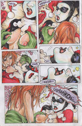 2girls batman_(series) breast_sucking breasts canon_couple comic dc dc_comics female female_only harley_quinn harley_quinn_(classic) medium_breasts multiple_girls nipples poison_ivy red_hair sneeze sucking_nipples unknown_artist yuri