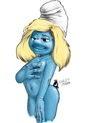 1girls blonde_hair blue_eyes blue_skin breasts covering groping hand_on_crotch hat imaajfpstnfo looking_at_viewer naked nude small_breasts smile smurfette tagme the_smurfs wide_hips