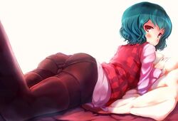 ass blue_hair blush brown_eyes butt dat_ass female gaze looking_at_viewer looking_back panties pillow pink_shirt shirt short_hair small_ass solo teenager touhou yuka_kazami