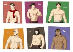 6boys aang abs air_nomad airbender_tattoo amon avatar_legends avatar_the_last_airbender bara bolin clothing digital_media_(artwork) groecs mako male male_only multiple_males muscular muscular_male nickelodeon pecs pubic_hair smooth_skin tahno tattoo the_avatar the_legend_of_korra tonraq topless topless_male water_tribe yaoi