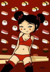 1girls cowboy_shot double_bun looking_at_viewer pucca pucca_(franchise) red_bra red_panties smile solo stockings sushi