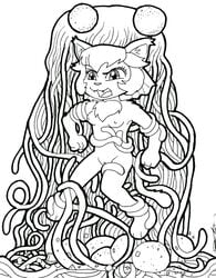 1girls clawdia female fighting_foodons food full_body furry lineart meatball monochrome restrained simple_background small_breasts spaghetti tagme tentacle_monster white_background