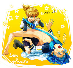 2boys artist_request character_name japanese_language japanese_text kagamine_len kaito_(vocaloid) kaito_v1 male_with_painted_nails partially_nude tagme unknown_artist vocaloid vocaloid_1 vocaloid_2 yaoi