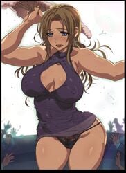 audience bare_shoulders black_panties blonde_hair blue_eyes breasts cameltoe curvy dagashi_(place) dancing dress erect_nipples fan female kamimura_akiko lace_panties large_breasts lingerie long_hair miniskirt multiple_boys no_bra open_mouth panties pantyshot pubic_hair pussy see-through sisters_~natsu_no_saigo_no_hi~ skirt skirt_flip standing sweat tongue uncensored visible_panties visible_underwear