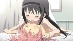 2girls akemi_homura black_hair blush breasts closed_eyes cowgirl_position female hair_ribbon hairband hand_holding human long_hair lying madoka_kaname mahou_shoujo_madoka_magica moritan multiple_girls nude on_back open_mouth pink_hair ribbon tied_hair twintails yuri