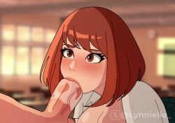 1boy 1girls 2d_animation animated blowjob blush blushing boobs breasts brown_eyes brown_hair classroom cleavage fellatio female female_focus lynnielle male my_hero_academia ochako_uraraka penis short_hair sound tagme uraraka_ochako video