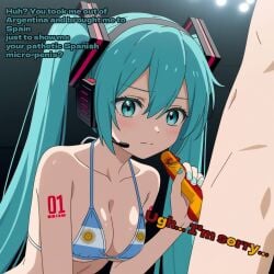 1female 1girl 1girls ai_generated aqua_hair argentina argentine_flag argentinian argentinian_flag argentinian_flag_bikini argentinian_flag_print argentinian_miku asian asian_female bikini bikini_bottom bikini_top blue_eyes blue_eyes_female blue_hair blue_hair_female bronzed caption english_commentary english_text female fifa hatsune_miku japanese japanese_female light-skinned_female light-skinned_male light_skin queen_of_clubs raceplay small_penis small_penis_humiliation soccer soccer_uniform spain spain_(countryhumans) spanish_flag spanish_male spiced twintails vocaloid world_cup
