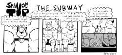 3boys anthro ass big_butt butt clothed clothing comic english_text fingering furry gay male male/male male_only muscular muscular_male public size_difference smaller_male spedumon subway subway_train text