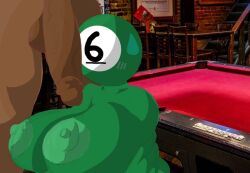 6_ball 6ix_(mementomoriye) animate_inanimate areola armless ball balls big_areola big_breasts big_nipples big_penis billiard_ball billiard_table blush bodily_fluids breasts cel_shading dark_body dark_skin duo female furniture genitals green_areola green_body green_nipples human humanoid male male/female mammal mementomoriye mixed_media nipples not_furry penis penis_on_face photo_background photography_(artwork) shaded slightly_chubby sweat sweatdrop table