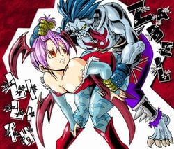 1boy anthro_only capcom cleavage clothed_sex clothing darkstalkers from_behind game_over hair_grab hair_pull head_wings lilith_aensland male marimo_(ankokumarimo) purple_hair rape restrained sex small_breasts succubus tongue_out vampire wings zabel_zarock