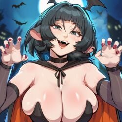 1girls ai_generated bats big_breasts black_hair blue_eyes breasts choker dijiai female hair halloween halloween_costume halloween_theme jane_doe_(zenless_zone_zero) light-skinned_female light_skin moon nail_polish night rat_ears rat_girl red_nails short_hair solo solo_female vampire_teeth zenless_zone_zero
