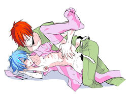 2boys akashi_seijuurou anal blue_eyes blue_hair blush bottomless closed_eyes crossdressing cum cum_in_ass cum_on_ass gay kuroko_no_basuke kuroko_tetsuya male medical multiple_boys nipple_tweak nipples nurse pants_open red_hair sweat tagme yaoi