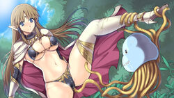 armor bikini_armor boots breasts brown_hair clothing dragon_quest elf female grope healslime high_heels imminent_rape large_breasts long_hair medium_breasts monster pointy_ears princess restrained sasana seravis_arthrea slime slime_(dragon_quest) spread_legs stockings surprised sword tentacles thigh_boots weapon