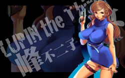 16:10 1girls 2012 belt bracelet breasts brown_eyes brown_hair clothing cosine curvaceous dress female female_only firearm gun handgun highres human jewelry large_breasts legs light-skinned_female light_skin lipstick long_hair looking_at_viewer lupin_iii makeup mine_fujiko nail_polish pale_skin panties panty_pull pubic_hair pussy_hair smile solo standing sweater underwear wallpaper weapon