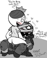 2boys 2males anus ass balls bandages black_and_white blush blushing bottomless bottomless_human bottomless_male crown femboy gay greyscale hair hairy happy heart heart_symbol hearts hearts_around_head looking_at_viewer male male/male male_focus male_only male_penetrated male_penetrating male_penetrating_male mewgenics moustache mr._tinkles_(mewgenics) mxfappy one_eye one_eye_covered organ_grinder_(mewgenics) penis smaller_penetrated smiling tagme text twink undead yaoi zombie