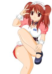 1girls absurdres all_fours asahina_mikuru ass breasts brown_eyes brown_hair busakumas clothing cosplay dress female highres large_breasts legs long_hair maid medium_breasts open_mouth short_dress short_twintails shy suzumiya_haruhi_no_yuuutsu thighs tied_hair twintails vector_trace waitress