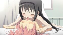 2girls akemi_homura black_hair blush breasts closed_eyes cowgirl_position female hair_ribbon hairband hand_holding human long_hair madoka_kaname mahou_shoujo_madoka_magica moritan multiple_girls nude on_back open_mouth pink_hair ribbon tied_hair tongue twintails yuri