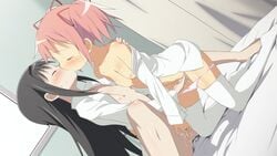 2girls akemi_homura bed black_hair blush body_blush breast_press breasts censored closed_eyes female fingering flat_chest hair_ribbon hairband human kissing kneeling long_hair madoka_kaname mahou_shoujo_madoka_magica masturbation moritan multiple_girls mutual_masturbation mutual_yuri navel nipples nude on_bed panties_down pink_hair pussy pussy_juice ribbon short_hair short_twintails sitting spread_legs thighhighs tied_hair twintails white_legwear yuri