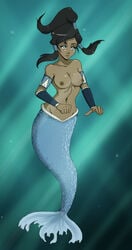 1girls allymoodyneko areola avatar_legends casual cleavage dark-skinned_female dark_skin female female_only hourglass_figure korra medium_breasts mermaid navel nipples ocean sea solo straight_hair swimming the_avatar the_legend_of_korra underwater water water_tribe