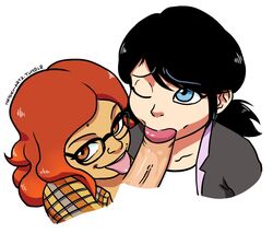 2d 2d_(artwork) 2girls alya_cesaire artist_name black_hair blowjob blue_eyes brown_eyes collaborative_fellatio costume double_fellatio fellatio female female_focus ffm_threesome glasses licking licking_penis marinette_dupain-cheng mayoku miraculous:_tales_of_ladybug_and_cat_noir miraculous_ladybug one_eye_closed oral oral_sex penis penis_lick pigtails red_hair saliva straight threesome tied_hair tongue tongue_out