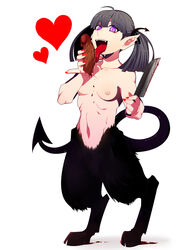 1girls bad_end black_fur black_hair blood blood_stain bloody_knife breasts color fangs female female_only front_view fur furry_tail grey_hair guro hair heart hooves knife licking minotaur monster monster_girl navel nipples nude open_eyes open_mouth overhand_grip penectomy penis penis_lick pointy_ears purple_eyes severed_penis solo standing tail tied_hair tongue tongue_out twintails white_background