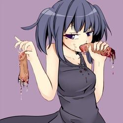 1girls bad_end blood blue_hair breasts cleavage clothing color cum cum_on_face dress eyes fellatio female female_only foreskin gore guro hair long_fingernails male_ryona open_eyes oral penectomy penis penis_biting purple_background purple_eyes saliva severed_penis solo