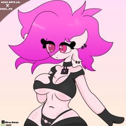 axolotl axolotl_girl clothed furry furry_female glove grey_clothing gusa long_hair mostly_nude pink_body pink_hair scales scalie_female scalie_humanoid shaded_background solo solo_female thick_thighs