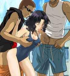 amagami black_hair breast_grab breasts brown_hair censored cleavage cum facial fellatio female hair oral penis short_hair smile standing sunglasses sweat swimsuit tanamachi_kaoru threesome wink