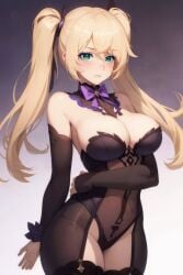 bangs bare_shoulders black_legwear blonde_hair blush bow breasts cleavage closed_mouth cowboy_shot eyebrows_visible_through_hair female garter_straps gloves green_eyes large_breasts leotard long_hair solo striped thighhighs twintails vertical_stripes