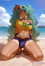 1girls 2d ai_generated aqua_hair ass barefoot big_ass big_breasts bikini bracelet brazilian_miku breasts dark-skinned_female earrings erection erophoenix eyewear_on_head feet full_body futanari grin hair_flower hair_ornament hatsune_miku huge_breasts jewelry kneeling large_penis long_hair looking_at_viewer looking_back nail_polish patreon_username penis shorts smile soles solo solo_female sunglasses swimsuit tan tellow_shirt testicles thick thick_thighs toes uncensored vocaloid