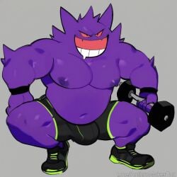 ai_generated big_bulge bulge bulge_through_clothing evil_grin fit gengar gym gym_clothes gym_uniform lifting_weights muscular pokemon pokemon_(species) pokephilia squatting workout workout_clothes