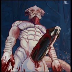absurd_res anthro baulders blood blood_on_hand blood_splatter bloodied bodily_fluids cum dark dragon foreskin gate genital_fluids genitals hi_res male maximilliandi muscular mythological_creature mythological_scalie mythology penis precum scalie uncircumcised