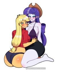 2d 2girls applejack_(eg) applejack_(mlp) big_breasts big_titties blue_eyes breasts clothing digital_media equestria_girls female female_only green_eyes kiss_mark long_hair masterdestroyzj my_little_pony purple_hair rarity_(eg) rarity_(mlp) rubber underwear white_skin yellow_hair yellow_skin yuri