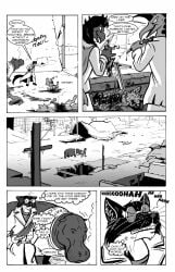 2011 alarmed anthro arrows black_and_white black_body black_fur blood blood_from_mouth blood_from_neck blood_from_wound blood_in_mouth blood_pool blood_spray bob_vorsh_(jack) bodily_fluids bone canid canine canis cannibalism cheek_tuft clenched_teeth clothed clothed_feral clothing coat cold comic common_hippopotamus corpse countershade_neck countershading coyote crossbow crossover cruelty dead_eyes death destroyed_building dinosaur disembowelment duo dying eating english_text eyewear facial_tuft fatal_wound female feral flag footprint fur glasses gore groan grotesque_death group gulonine hair hard_vore hi_res hippopotamid ice icicle inner_ear_fluff jack_salem killing knife lisa_svaloe_(jack) looking_at_another looking_back male mammal marten melee_weapon monochrome mustelid musteline onomatopoeia open_chest open_mouth pained_expression pawprint pince-nez prehistoric_species ranged_weapon reptile rib_cage roz_gibson ruins sable_(marten) scabbard scalie shaking shirt shivering slit_throat sound_effects speech_bubble steamy_breath sword teeth text text_on_clothing text_on_shirt text_on_topwear thought_bubble topwear trenchcoat tuft violence vore walking weapon whining whiskers wounded