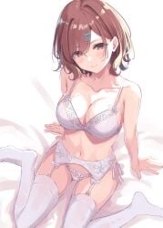arm_support bare_arms bare_shoulders belly_button big_breasts blush bra breasts brown_hair cleavage closed_mouth collarbone feet garter_belt garter_straps hairpin hatsu_(first_snow) higuchi_madoka idolmaster idolmaster_shiny_colors lace-trimmed_panties lingerie mole mole_under_eye panties purple_eyes short_hair side-tie_panties smile thighhighs thighs underwear underwear_only wariza white_bra white_lingerie white_panties white_thighhighs