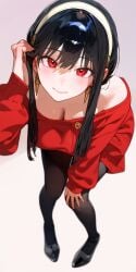 1girls ai_generated bangs bare_shoulders black_footwear black_hair black_pantyhose breasts cleavage closed_mouth commentary dress earrings eatsleep1111 female full_body gold_earrings hairband hand_in_own_hair highres japanese_commentary jewelry leaning_forward long_hair looking_at_viewer model_request off_shoulder pantyhose red_eyes red_sweater sidelocks simple_background smile solo spy_x_family sweater sweater_dress yor_briar yor_forger