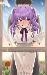 1boy against_glass blue_sky breasts clothed_sex commander_(nikke) dress drill_hair female flora_(nikke) flower gloves goddess_of_victory:_nikke grass highres mole mole_under_eye piiragp0pz pink_hair purple_hair sex sex_from_behind sideboob sidelocks sky straight twin_drills twintails white_dress white_gloves