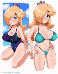 1girls big_breasts bikini bikini_bottom bikini_top blonde_hair blue_bikini blue_eyes bluefrok blush bottomwear breasts cleavage crown ear_piercing earrings feet female female_only hair hair_over_one_eye headwear huge_breasts large_breasts lips long_hair mario_(series) nintendo one-piece_swimsuit parted_lips princess_rosalina smile solo solo_female swimsuit swimwear topwear