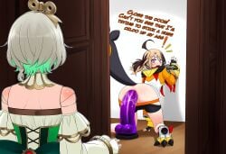 2girls ai_generated anal anal_insertion anal_masturbation anal_sex ass blk9201 blush caught caught_masturbating cecilia_immergreen dildo dildo_in_ass dildo_insertion door doorway gigi_murin hololive hololive_english large_dildo lube lube_on_dildo masturbation open_mouth shorts shorts_down