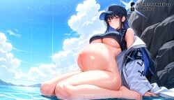 ai_generated armband barefoot baseball_cap beach big_belly black_hair black_headwear black_shirt blue_eyes blue_hair blue_halo blue_sky blush bottomless breasts closed_mouth cloud coat colored_inner_hair crop_top day feet female halo hat inflation jacket kani_etizen03 large_breasts long_hair long_sleeves looking_at_viewer multicolored_hair mykibuu navel ocean off_shoulder open_clothes open_jacket outdoors pregnant saori_(blue_archive) scenery shirt sitting sky sleeveless sleeveless_shirt smile solo stomach thighs toenails toes two-tone_hair underboob wariza water wet white_coat white_jacket