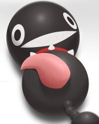 absurd_res animal_genitalia blank_expression blank_stare bodily_fluids canid canine canis chain_chomp chain_chomplet collar digital_media_(artwork) domestic_dog feral genitals hi_res lying male mammal mario_bros nintendo nude penis sharp_teeth simple_background smile solo spicymeat super_mario_sunshine tail teeth