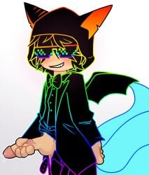 1boy 3_tails bat_wings black_clothing black_hair blue_tail blush blush bowtie clothed fluffy_hair fox_ears fox_tail fully_clothed hidden_eyes hood hood_up human lifting_shirt looking_at_viewer male male_only masturbation mlg_glasses multiple_tails nervous nervous_expression nervous_smile nervous_sweat precum precum_drip rainbow rainbow_outline roblox roblox_avatar robloxian self_upload shirt_lift shy shy_expression shy_smile suit sunglasses sweat sweatdrop sweating unzipped_pants vein veiny_penis wings zuzucat