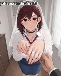1girls ai_generated artifical_art ayase_momo big_breasts black_choker bride brown_eyes brown_hair dandadan earrings female hair_between_eyes jewelry light-skinned_female light_skin perfect_body schoolgirl short_hair younger_female