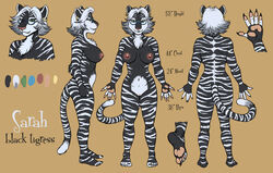 4_toes anthro bangs big_breasts black_fur breasts chest_tuft claws ear_piercing eyeswear feline female glasses green_eyes hair hindpaw megan_giles model_sheet nipples nude pawpads paws piercing plantigrade pussy sarah_(minkluv) short_hair smile standing stripes tiger toes white_hair