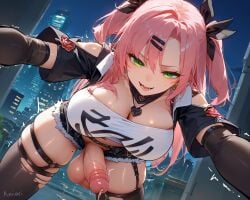 1futa absurd_res ai_generated amiiari arm_sleeves big_breasts big_penis detailed dickgirl dripping erection futa_only futanari green_eyes highres horny huge_breasts imminent_sex kabedon kabedon_on_viewer large_penis nicole_demara penis pink_hair pov precum precum_drip precum_string ripped_clothing shorts skindentation smug thick_thighs thigh_strap twintails zenless_zone_zero