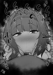 1boy 1girls :>= big_penis black_and_white blowjob blue_archive blush censored dark-skinned_male dark_skin deepthroat detailed_background drooling eyelashes fellatio female heart human indoor inside interracial kurotama long_hair looking_at_viewer male male_pov oral oral_sex penis pov ribbon room saliva saliva_trail shiny shiny_skin sketch sound_effects squatting sweat text tongue_out tsumugi_(blue_archive) vein veins veiny veiny_penis