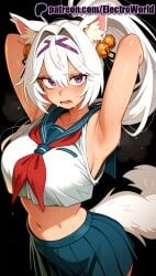 1girls 2025 ai_generated animal_ears armpits arms_behind_head artist_name bell breasts breasts breasts bust chest electroworld female filian_(vtuber) fox_ears fox_tail hair_bell hair_ornament hi_res high_quality high_resolution highres jingle_bell long_hair navel open_mouth patreon patreon_username purple_eyes sailor_collar school_uniform serafuku skirt solo stable_diffusion sweat tail virtual_youtuber vtuber watermark white_hair