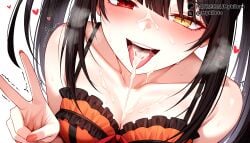 after_fellatio ai_generated asymmetrical_hair bare_shoulders black_hair blush breasts breath cleavage clock_eyes collarbone cum cum_in_mouth cum_on_body cum_on_breasts cum_on_tongue date_a_live dress facial female frills heart heart-shaped_pupils heavy_breathing heterochromia long_hair looking_at_viewer medium_breasts mykibuu nail_polish open_mouth orange_dress red_dress red_eyes red_nails simple_background smile solo sweat symbol-shaped_pupils teeth tokisaki_kurumi tokisaki_kurumi_(spirit) tongue tongue_out trembling twintails upper_body v white_background yellow_eyes